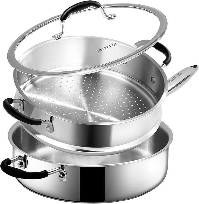 Tri-Ply Stainless Steel Saute Pan with Steamer, 5 Quart Deep Sauté Pan with Lid and Stay Cool Handle,11.5 Inch Frying Pan,Dishwasher and Oven Safe,Induction Stainless Steel Cookware