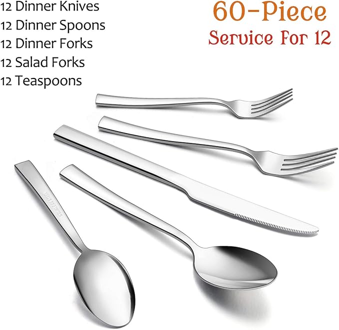 E-far 60-Piece Silverware Set, Stainless Steel Flatware Set Service for 12, Tableware Cutlery Set for Home Restaurant Party, Dinner Forks/Spoons/Knives, Square Edge & Mirror Polished, Dishwasher Safe
