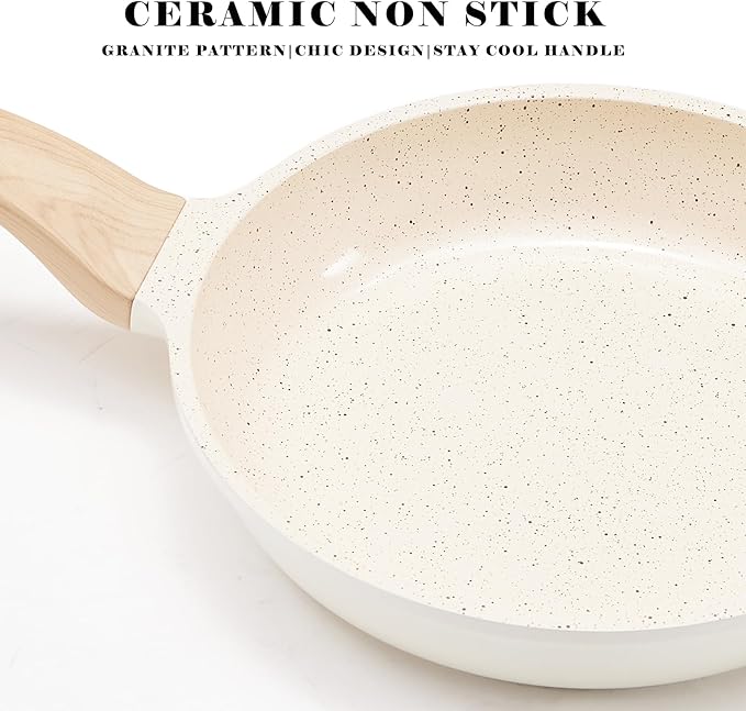 Non Stick Pots and Pans Set Ceramic Cookware Set with Granite Dot, 3pcs Kitchen Cooking Sets Frying Pan Saucepan, No PTFE, No PFAS, Bright Cream