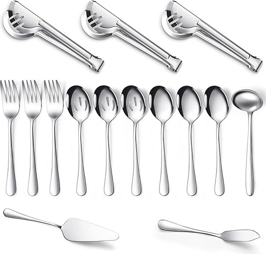 Patelai Serving Utensils Set Include Stainless Steel Large Spoons Slotted Spoons Forks Tongs Soup Ladle and Pie Server for Parties Buffet Catering, Dishwasher Safe(Silver,15 Pieces)