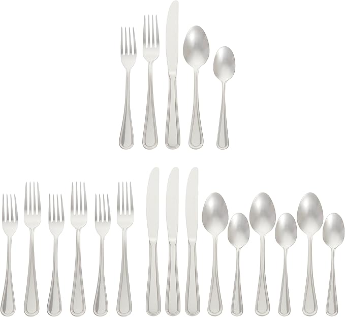 Amazon Basics Silverware Set, Stainless Steel Flatware, Dishwasher Safe, Service for 4, 20-Piece Forks and Spoons, Crown Edge