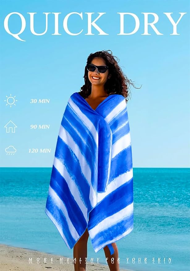 2 Pack Microfiber Lightweight Thin Beach Towel Sand Free Quick Dry Super Absorbent Large Towels for Swimming Pool Yoga Gym Travel Vacation Beach Accessories Essentials Stripes