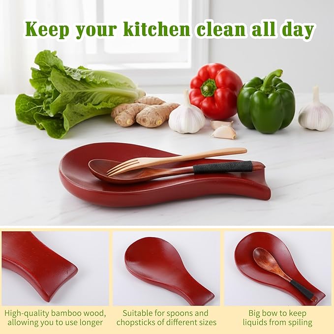 Patelai Acacia Wood Spoon Rest for Stove Top Bamboo Holder for Spatula Rest for Kitchen, Counter Spoon Holder for Countertop, Modern and Rustic for Farmhouse as Dining Table Decoration (Mahogany)