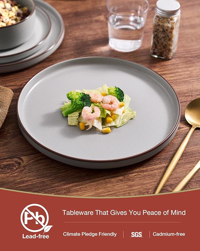 Famiware Nebula Ridge Stoneware Dinnerware Sets for 8, 24 Pieces Plates and Bowls Sets, Dishes Set, Microwave and Dishwasher Safe Kitchen Plates, Light Gray