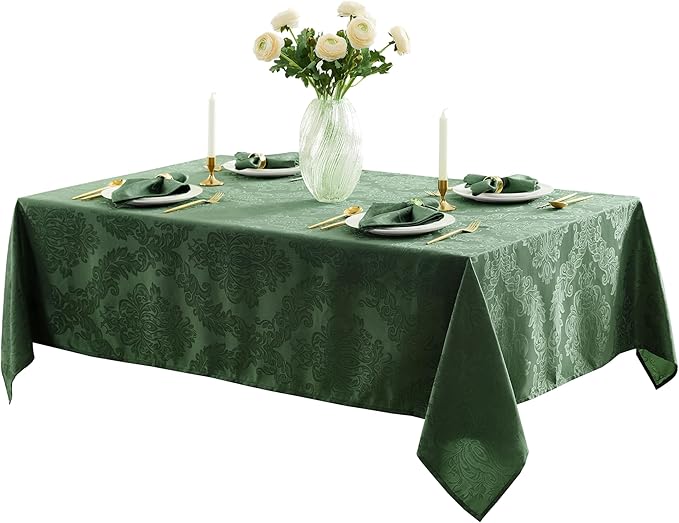Newbridge Christmas Barcelona Damask Fabric Tablecloth, 60 x 102 Inch Rectangle, Hunter Green – No Iron, Soil Resistant Table Cover for Dining, Parties and Holidays