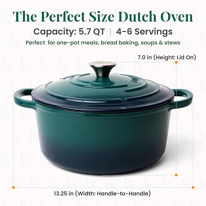 Larder & Vine Enameled Cast Iron 5.7qt Dutch Oven Pot with Lid | Bread Baking | Compatible on All Cooktops & Oven Safe to 500° F | Great for Sourdough Bread | Bondi