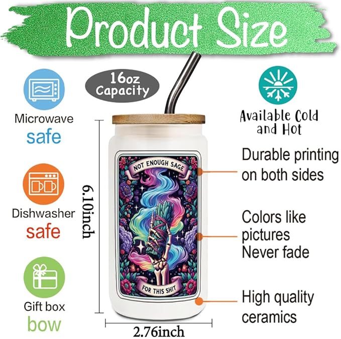 FALJIOK Skeleton Tarot Card 16 oz Glass Cups with Lids Straws, Witchy Gifts for Women, Gothic Gifts, Spooky Skeleton Birthday Gift for Witchy Friends, Halloween Skull Tumbler