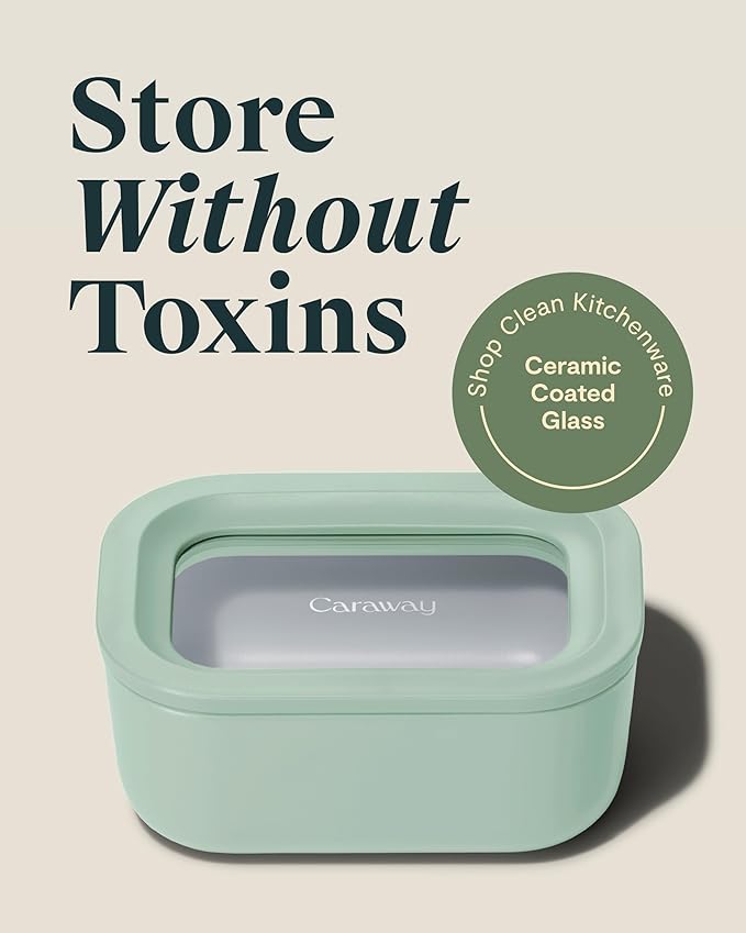 Caraway Mini Rectangle Food Storage Container - 2.6 Cup Glass Storage Container for Food - Non-Toxic Ceramic-Coated Glass - Air Release Technology - Compact & Stackable Design - Mist