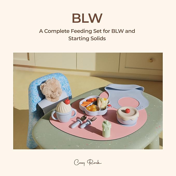 Silicone Baby Feeding Set, Gelato Collection Baby Led Weaning Supplies, First Self-Feeding Set with Suction Bowl & Plate, Sippy Cup & Bib, Fork & Spoon - Blue