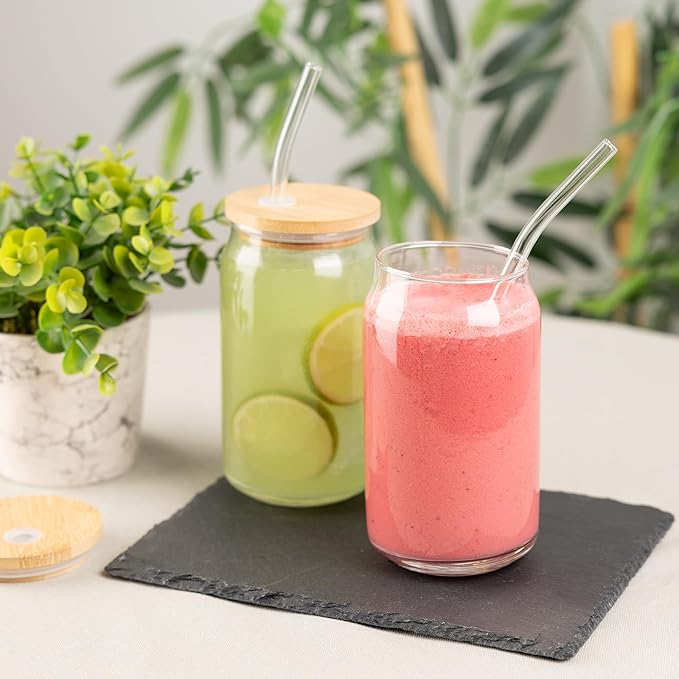 Glass Cups with Lids and Straws, 16 Oz - Set of 8 Reusable Iced Cold Coffee Tumblers - Clear Glass Bottle for Water with Bamboo Lids