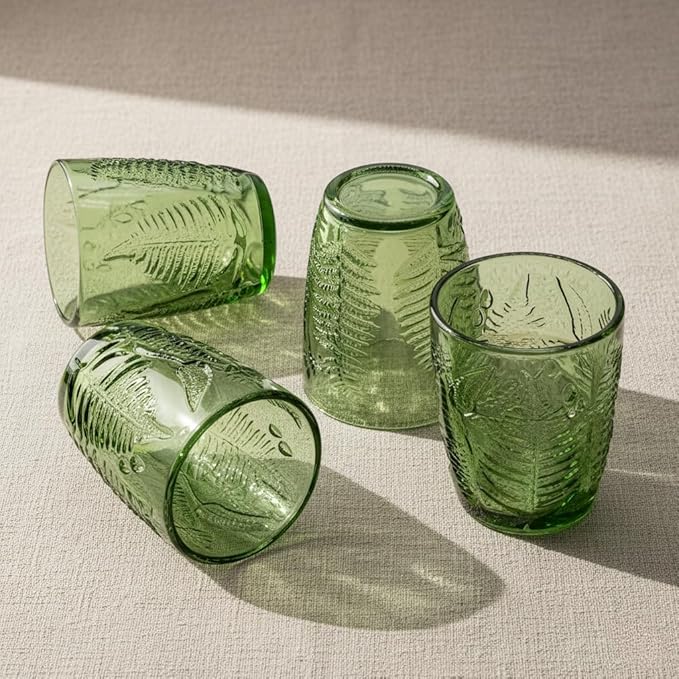 Vintage Drinking Glasses Set Of 4-10 oz Textured Green Glass Cups, Cute Green Glassware for Home & Bar, Retro Style Embossed Drinkware, Unique Decorative Cocktail Cup Sets - Heavy Duty & Durable