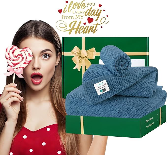 VOOVA & MOVAS Labrador Blue Towels for Bathroom, 100% Cotton | Quick Dry | Soft | Thick, 3 Piece Towel Set, 1 Large Bath 30" x 56", 1 Hand 18" x 28", 1 Wash Cloth 13" x 13", Bathroom Essentials