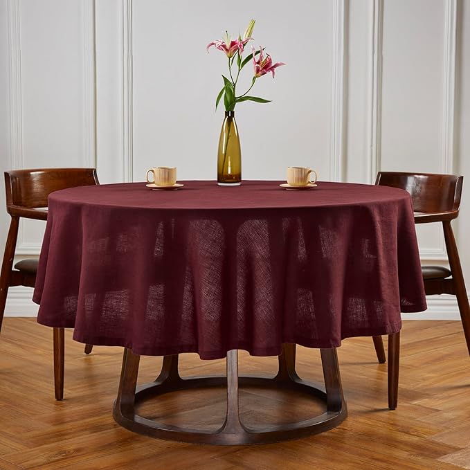 Solino Home Linen Round Tablecloth 70 Inch - 100% Pure Linen Cordovan Round Tablecloth - Machine Washable Table Cloth for New Year - Sonoma