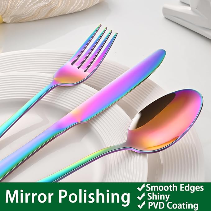 49-Pieces Colorful Rainbow Stainless Steel Silverware Sets With Organizer And Steak Knives,Knife Spoon And Fork Eating Utensils Sets For Ktichen,Multicolor Flatware Sets With Cutlery Tray