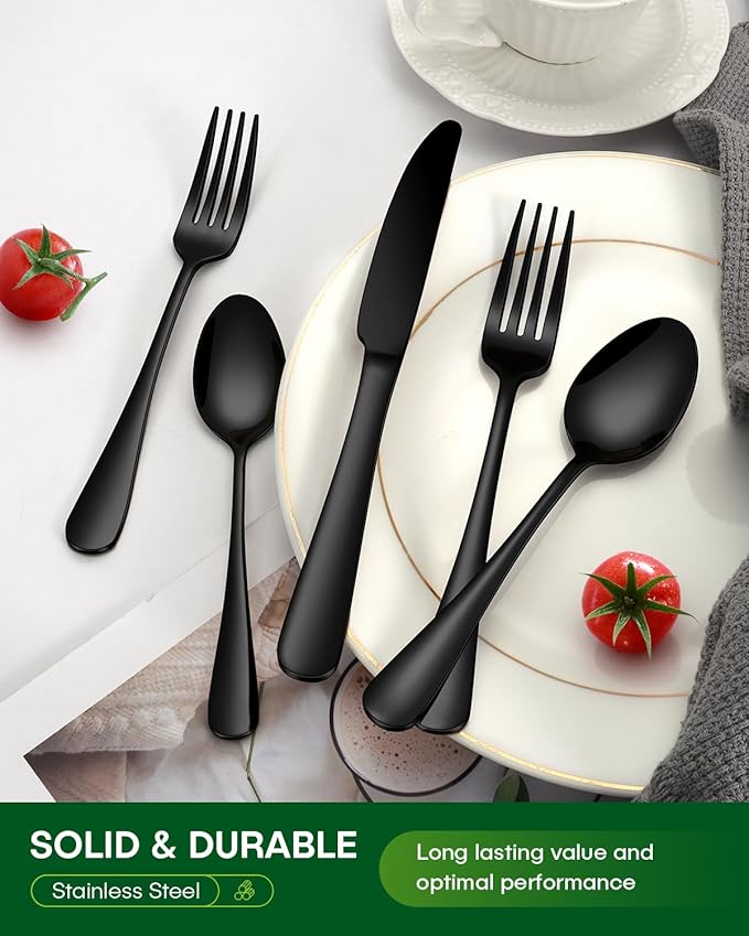 20 Piece Black Silverware Set, Stainless Steel Flatware Set for 4 Food Grade Cutlery Utensil Set Include Knife Fork Spoon Mirror Polished Dishwasher Safe