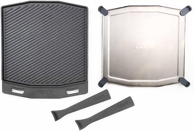 ooni Cast Iron Dual-Sided Grizzler Plate - 13.6" x 12.5" Reversible Griddle with Removable Handle and Stainless Steel Trivet, Pre-Seasoned Non-Stick Oven Safe Cookware, Pizza Oven and BBQ Accessories