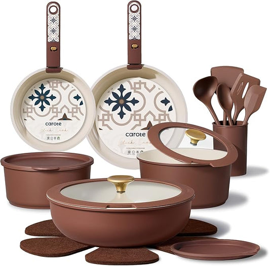 CAROTE 21Pcs Ceramic Cookware Set, Pots and Pans Set Non stick, Non Toxic Cookware Detachable Handle, Kitchen Cooking Set - Induction Cookware, Dishwasher/Oven Safe, PFAS Free, Chocolate