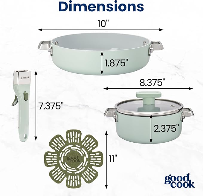 GoodCook Ceramic Cookware Set 5-Piece with Removable Handle, Induction Compatible, Nonstick and Oven Safe with 8-Inch Frypan, Sage Green
