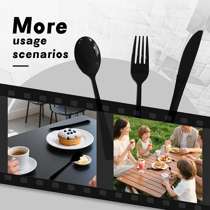 150 Pack Disposable Plastic Silverware, Heavy Duty Black Plastic Cutlery Set Includes 50 Forks 50 Knives 50 Spoons for Birthday Wedding Party Picnics (150, Black)