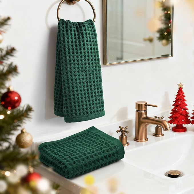 Jacquotha Waffle Hand Towels Set of 2 (Hunter-Green) – Cotton, Quick Dry, Lint Free, 13” x 29”, Christmas Bathroom Decor & Kitchen Towels