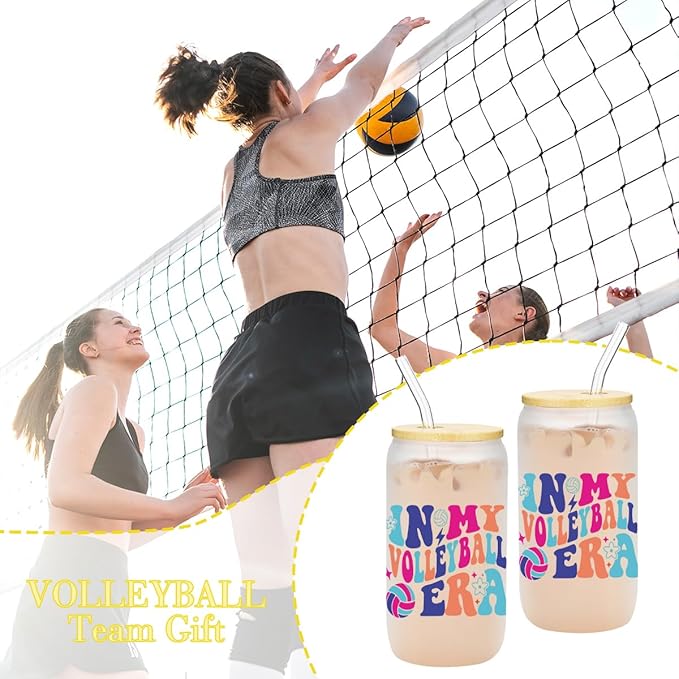 Volleyball Gifts for Teen Girls, Iced Coffee Cup, Volleyball Party Favors, 16 oz Glass Cups with Lids Straws, Volleyball Stuff, Christmas Gifts for Women Mom Coach Players Teams Volleyball Accessories