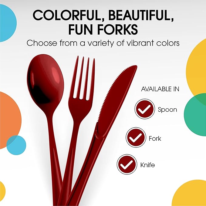 Party Solids Burgundy Plastic Forks 200 Pieces Burgundy Forks Disposable Utensils Heavy Duty Plastic Cutlery Set Disposable Cutlery Sets Flatware Sets Silverware Set Party Supplies & Party Tableware