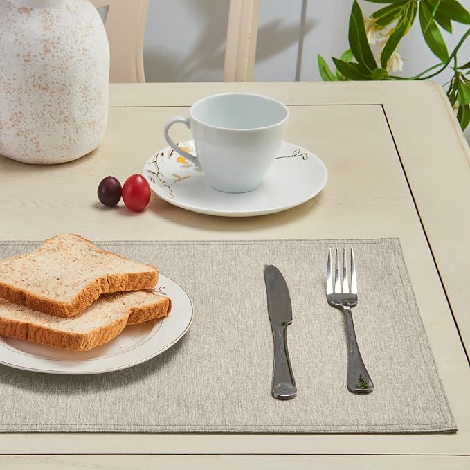 Cloth Place Mats Set of 8–Reusable Rectangular Waterproof Fabric Polyester Washable Wipeable Heat Resistant Linen for Kitchen Dining Dinner Restaurant Wedding Table(Flaxen/13x19 Inch)