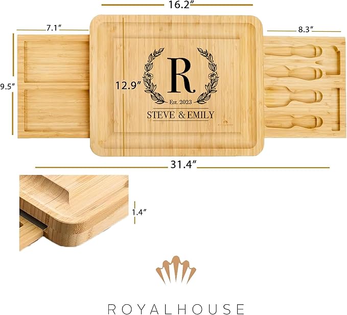 RoyalHouse Personalized Charcuterie Board, Custom Bamboo Engraved Cheese Board, Perfect for Bridal Showers, Weddings, and Special Occasions