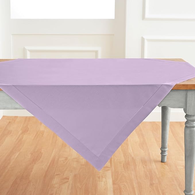 Solino Home Cotton Linen Tablecloth 52 x 52 Inch - Hemstitch Lavender Ice Square Tablecloth - Machine Washable Table Throw for Valentines