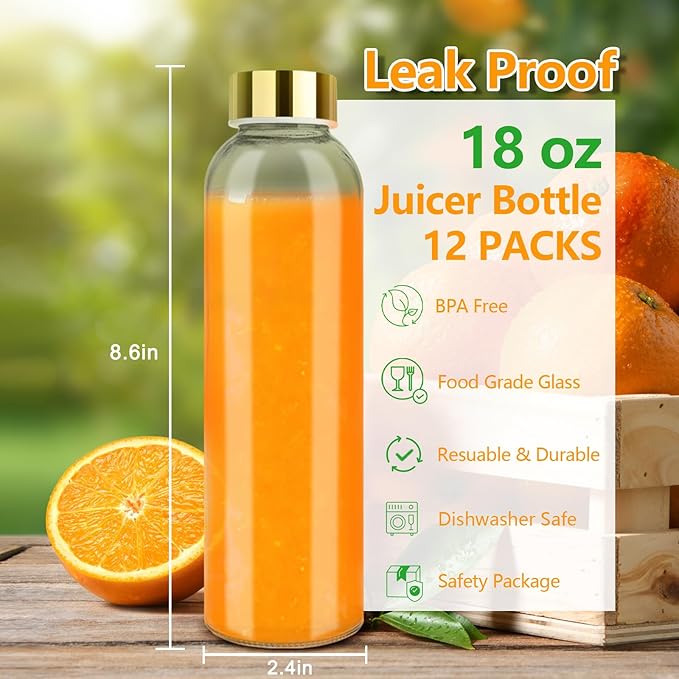 Zukro Glass Water Bottles with Lids 18 oz, Reusable Juice Bottles for Juicing, Leak Proof Juice Storage Containers for Fridge, Clear Drinking Jars With Stainless Steel Caps, BPA Free, Set of 12 Gold