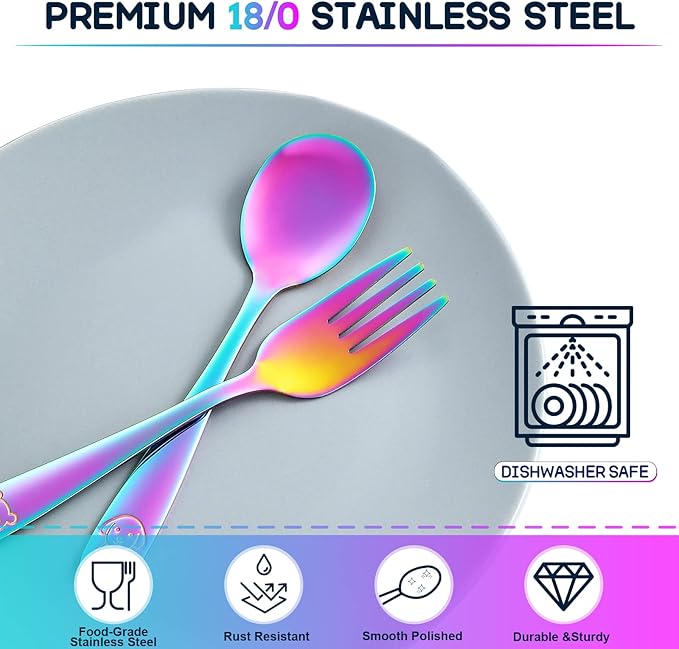 VITEVER 10 Pack Toddler Utensils, Stainless Steel Rainbow Silverware Set for Kids, Children Safe Cutlery Set Includes Forks and Spoons - Dishwasher Safe