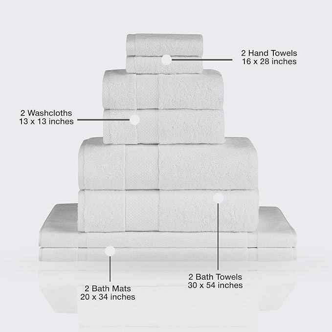 Towels Beyond - 8 Piece Luxury Towel Set, 100% Turkish Cotton, Includes 2 Bath Towels, 2 Hand Towels, 2 Washcloths & 2 Bath Mats, Highly Absorbent & Comfy Towels for Hotels & Spa | (White)