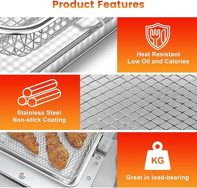 Air Fryer Tray Replacement for Cuisinart TOA-28 AFR-25 Toaster Air Fryer Convection Oven, 10.74 * 9.09'' Non-stick Mesh Air Fryer Stainless Steel Basket Wire Rack Accessories Parts, Dishwasher Safe