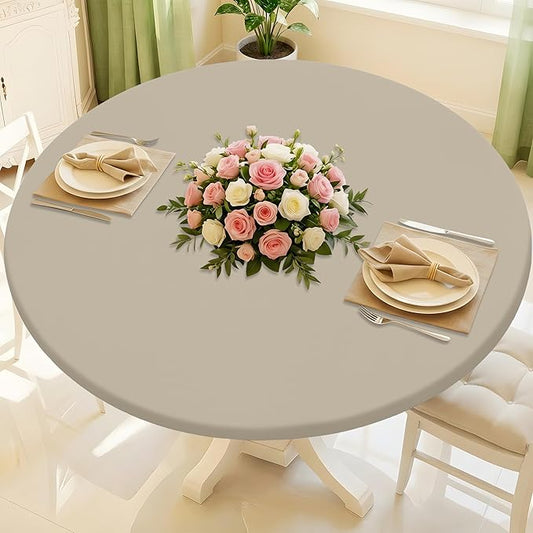Round Spandex Tablecloth, Elastic Fitted Waterproof Tablecloths for 36"-44" Tables, Stretch Washable Picnic Table Cover for Camping, Dining, Indoor and Outdoor, Taupe