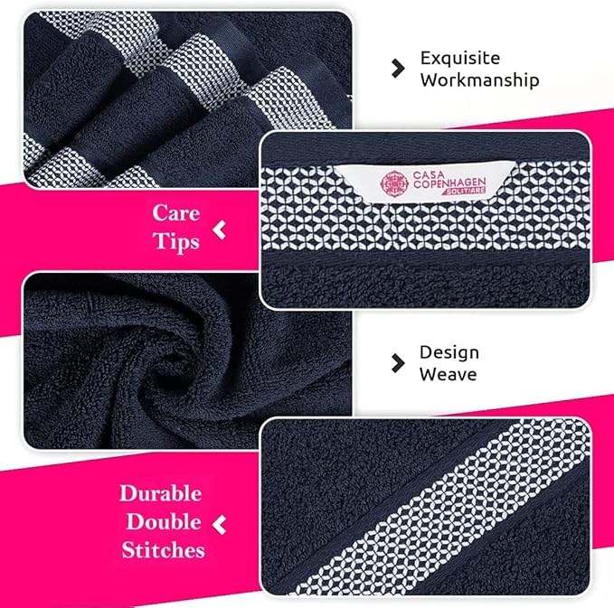 CASA COPENHAGEN Solitaire Mix 6 Pieces Towel Set- Navy Blue + Grey Violet, 600 GSM 2Bath Towel 2Hand Towel 2Washcloth, Designed in Denmark Made of Soft Egyptian Cotton for Bathroom, Kitchen & Shower