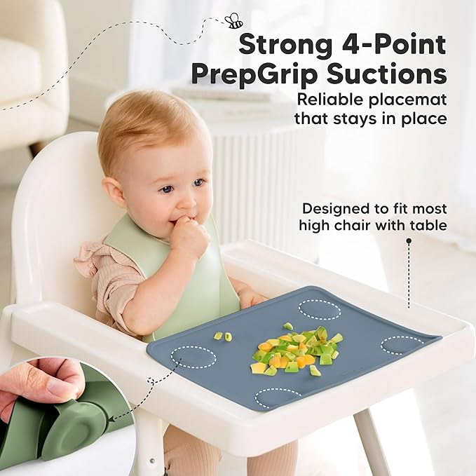 KeaBabies 2-Pack Silicone Placemats for Toddlers - 12x9 Non Slip Suction Baby Silicone Placemat for Kids Eating, Easy to Clean, Busy Travel Baby Mat for Dining Table, Food Grade/BPA-Free (Slate)