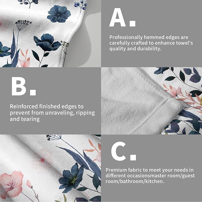 Imiss Navy Blue Pink Floral Hand Towels for Bathroom Set of 2 Poppy Flowers Botanical Leaf Guest Face Towel 14.4 x 28.3 Inch for Kitchen Gym Hotel Spa