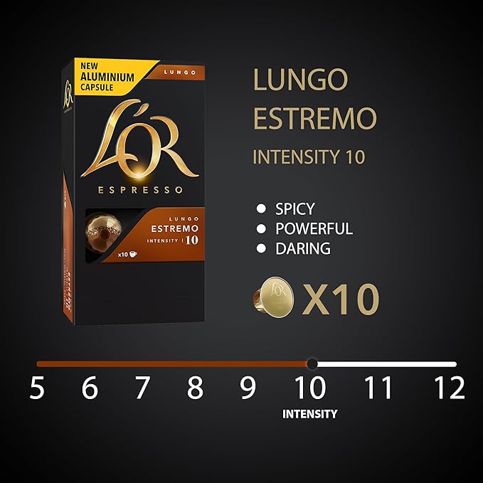 L'OR Espresso Capsules, 10 Count Estremo Lungo, Single-Serve Aluminum Coffee Capsules Compatible with the L'OR BARISTA System & *Nespresso Original Machines, 10 Count (Pack of 1)