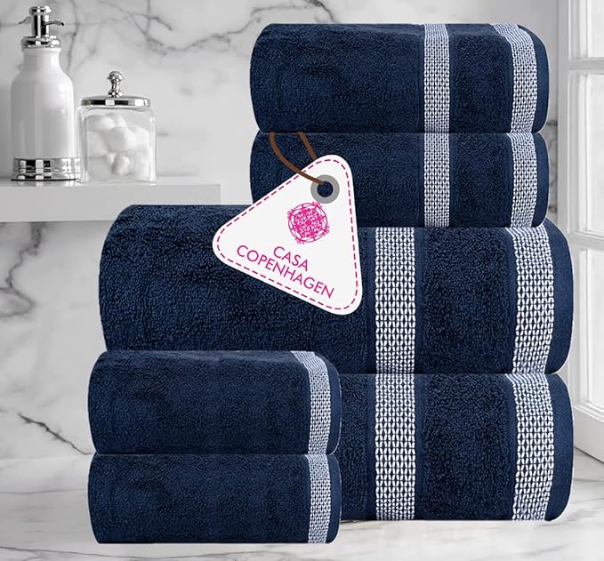 CASA COPENHAGEN Solitaire 6 Pieces Towel Set- Navy Blue, 600 GSM 2 Bath Towel 2 Hand Towel 2 Washcloth, Designed in Denmark Made of Soft Egyptian Cotton for Bathroom, Kitchen & Shower