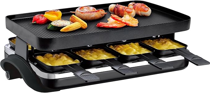 TAMARIT Classic 8 Person Raclette Grill 1500W Electric Tabletop Griddle with Reversible Plate, 8 Non-Stick Cheese Trays and Spatulas Indoor Portable Korean BBQ Barbecue Party Grill Black