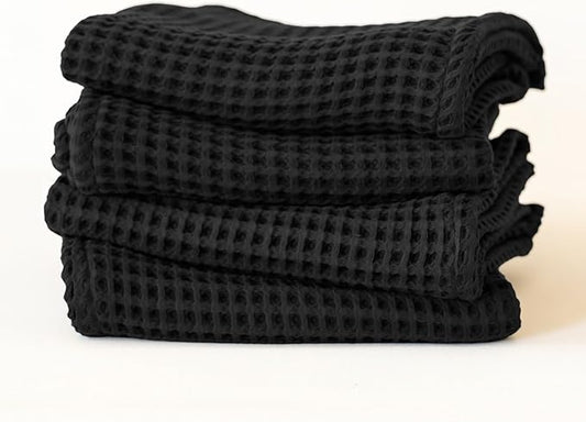 Premium Waffle Hand Towels Pack of 4 Extra Large 20x35 inch - 100% Turkish Cotton, Waffle Weave, Quick Dry, Lint Free, Super Absorbent, Thin Hand Bath Towel (Black, Set of 4 Hand Towels)
