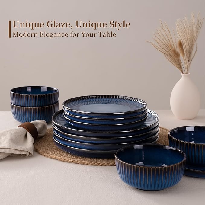 Famiware Starlight Plates and Bowls Dishes Set of 6 (18 Pieces), Ribbed Textured Stoneware Dinnerware Sets- Dishwasher & Microwave Safe, Chip & Scratch Resistant, Starry Blue