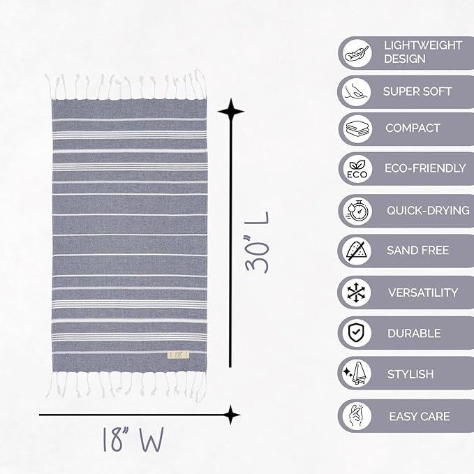 Turkish Hand Towels - Set of 2, 18" x 30" inches, Decorative Peshtemal Cotton Hand Towels for Kitchen, Bath, Guest, Face, Hair, Gym, Yoga, Dishcloth, Travel (Indigo)