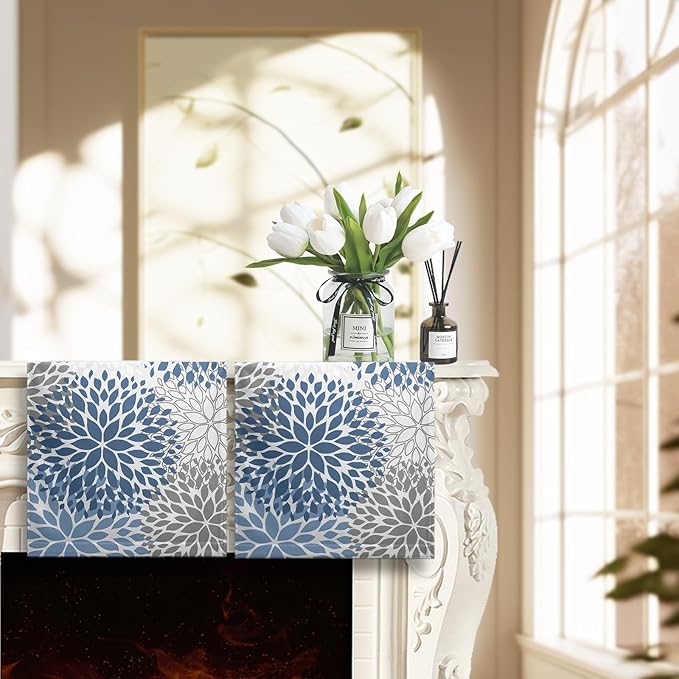 2 Pack Dahlia Flower Hand Towels for Bathroom Blue and Gray Floral Kitchen Dish Towels Soft Absorbent Decorative Tea Towel for Summer Bath Kitchen Gym Spa 14.4 x 28.3 Inch