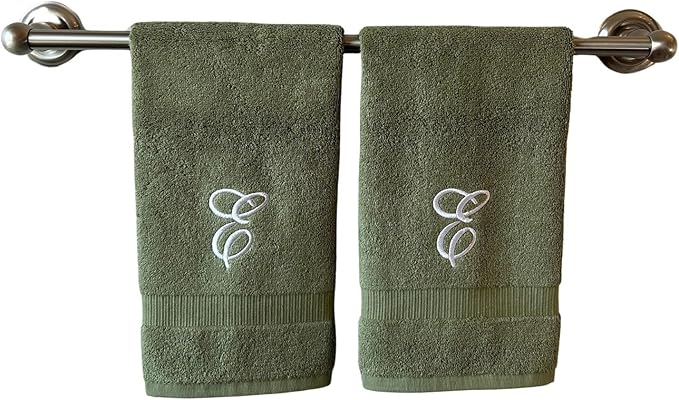 Sage Monogrammed Hand Towels for Bathroom - Luxury Hotel Quality Personalized Initial Embroidered Towel for Powder Room, Spa - GOTS Organic Certified - Set of 2 White Letter E