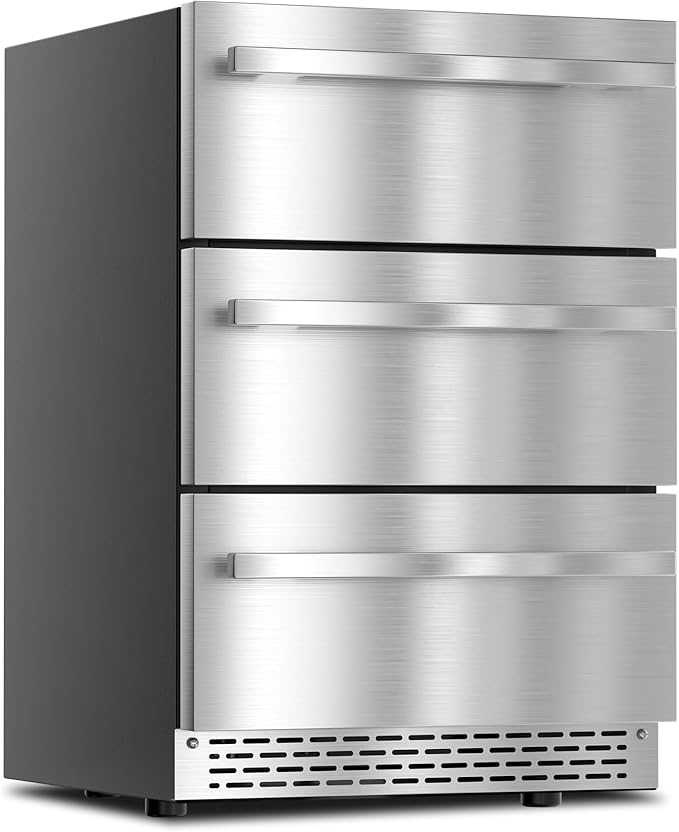 3 Drawer Beverage Refrigerator Undercounter, Hold 180 Cans 24 inch Weather Proof Stainless Steel Beverage Fridge for Outdoor, Built-in & Freestanding Beverage Cooler Fridge for Soda, Beer, Fruit