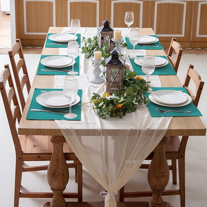 Cloth Placemats Set of 8, Linen Type Fabric Placemats Machine Washable Heat Resistant Placemats Wrinkle Free Thick Polyester Kitchen Place Mats for Dining Table (Teal Blue)