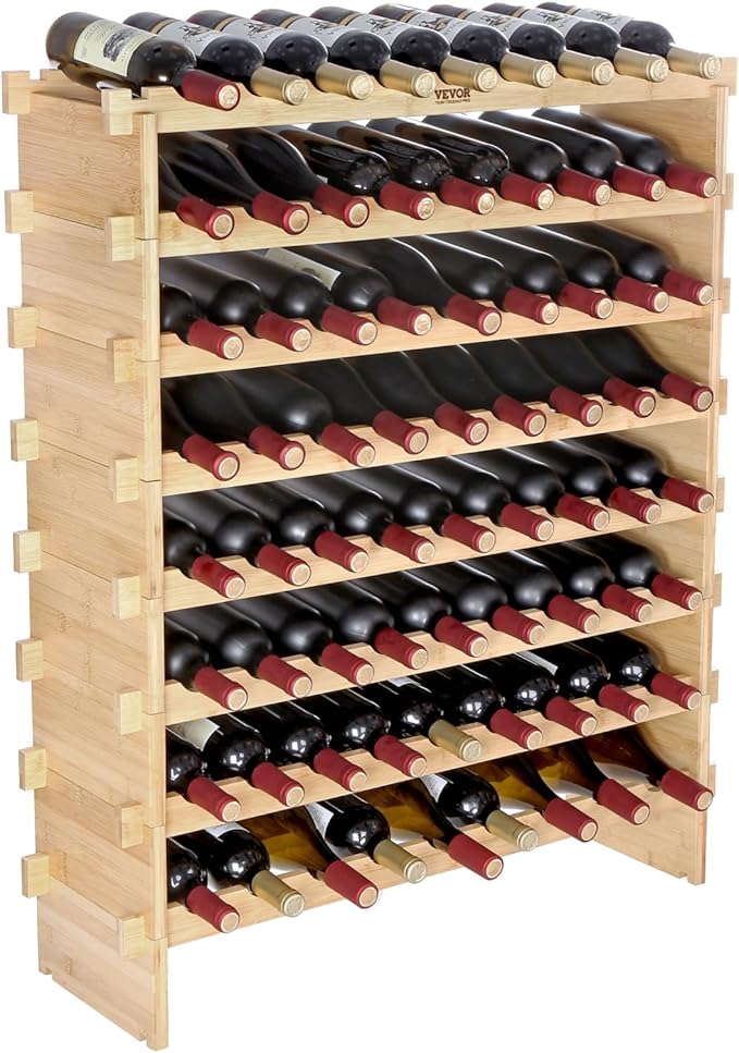 VEVOR 8-Tier 72 Bottles Stackable Modular Wine Rack, Freestanding Wines Holder Display Shelf, Solid Bamboo Wood Storage Racks, Wobble-Free Shelves for Kitchens, Dining Rooms, Cellars, Natural Color