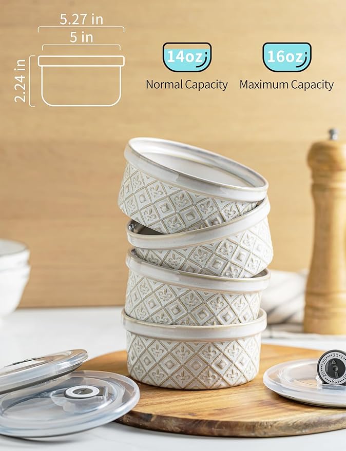 Ceramic Souffle Small Baking Dishes for Oven, 16oz Charcuterie Bowls Creme Brulee Ramekins Set with Lids, Pudding Custard Cups Snack Dipping Bowls Set of 4, Beige