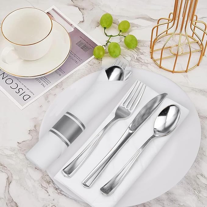 60 Pack Silver Plastic Silverware Set with Pre Rolled Napkins - Disposable Individually Wrapped Cutlery Set Includes 60 Forks, 60 Knives, 60 Spoons, 60 Napkins, Gold Utensils Set (Silver-60 Pack)